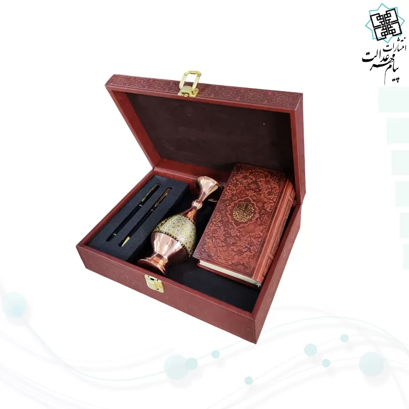 نهج البلاغه پالتویی چرم با گلدان خاتم و خودکار و روان نویس