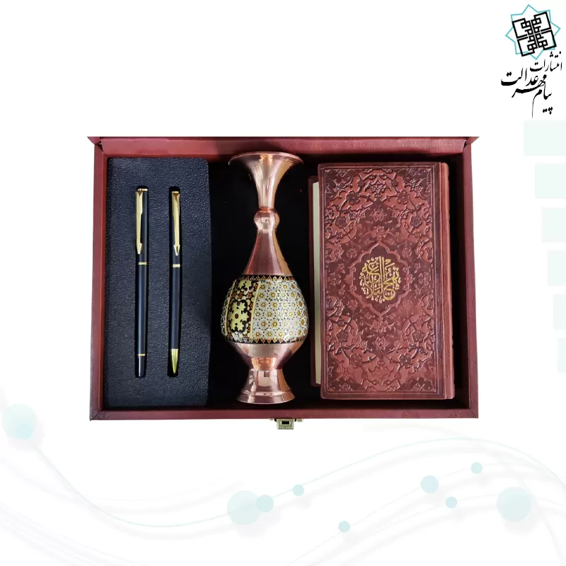 نهج البلاغه پالتویی چرم با گلدان خاتم و خودکار و روان نویس