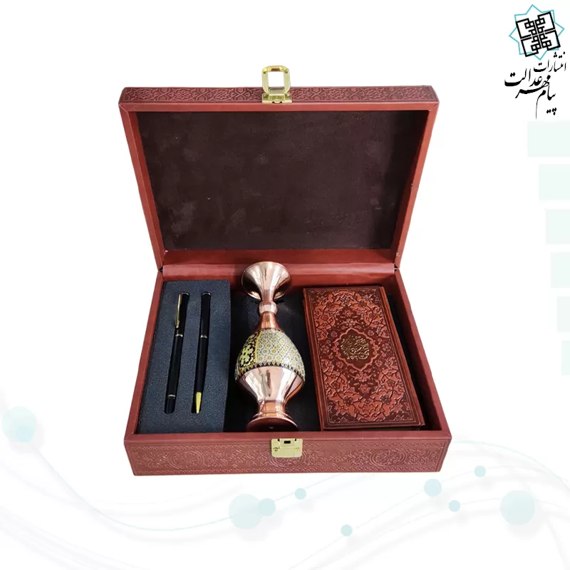 صحیفه سجادیه پالتویی چرم با گلدان خاتم و خودکار و روان نویس