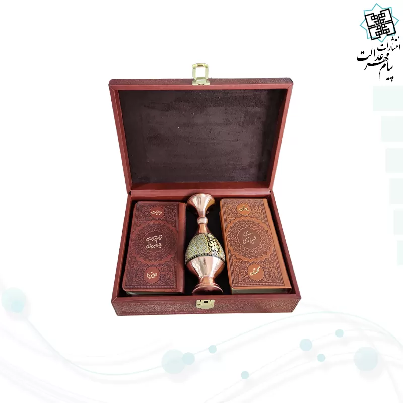 خیام و باباطاهر و گلستان و بوستان پالتویی چرم با گلدان خاتم