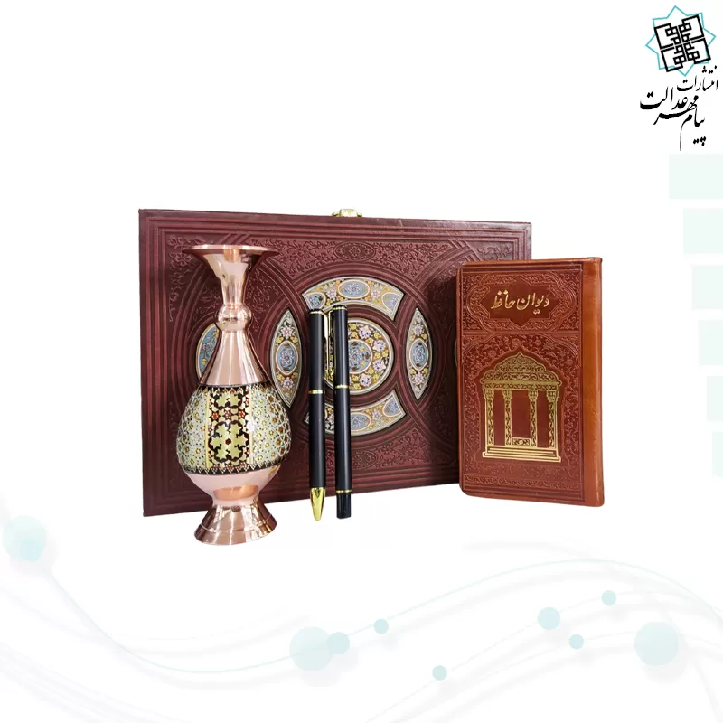 حافظ پالتویی چرم با گلدان خاتم و خودکار و روان نویس