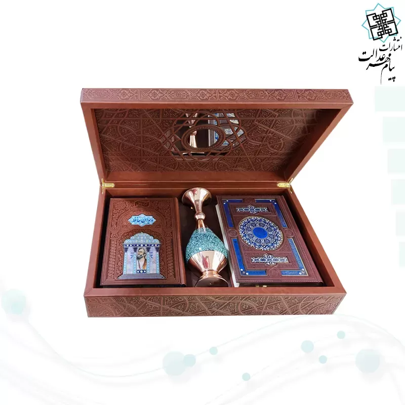 قرآن و حافظ وزیری چرم با گلدان بزرگ فیروزه